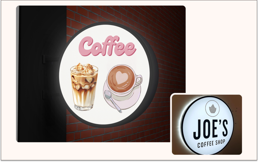 Business owner reviewing illuminated lightbox sign mockup before approval